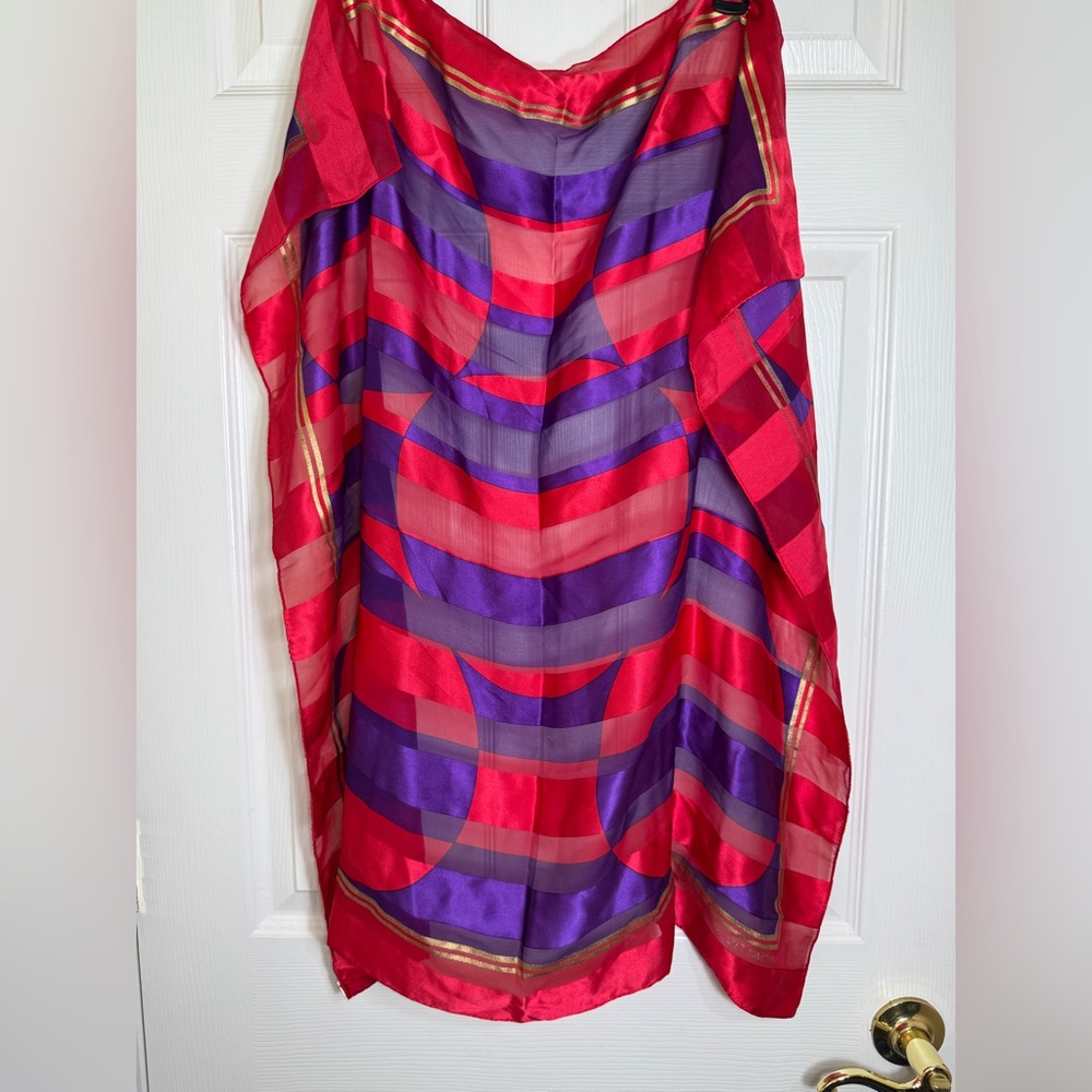 Adrienne Vittadini 100% Silk Scarf Red Purple Gold Geometric Japan Vintage 30x30